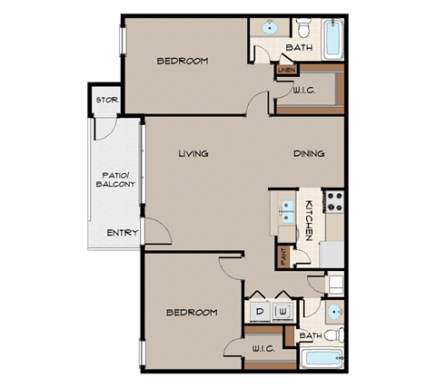 Floor plan for 2 beds, 2 baths, 990 sqft